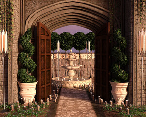 Fictional garden entrance with fountain.