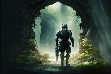 Realistic digital illustration of a warrior soldier against the backdrop of a portal in an elven forest to another world. AI