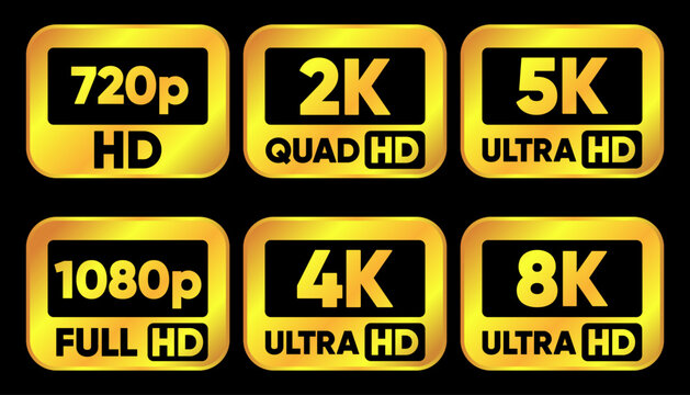 Ultra Hd icon collection. 720, 1080, 4K, 5K and 8K symbol of High Definition monitor display resolution standard. Label for device screen. Vector illustration.