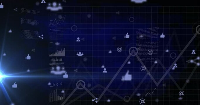 Animation of connected icons, graphs, map and data with lens flare against blue background