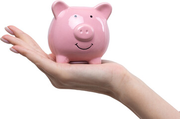 3d pink piggy bank in the beautiful hands of a girl..Close-up photo on a white background.