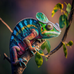 Kameleon w tropikalnym lesie - obrazy, fototapety, plakaty