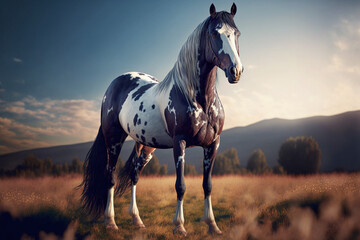 A beautiful skewbald horse standing on a sunny field