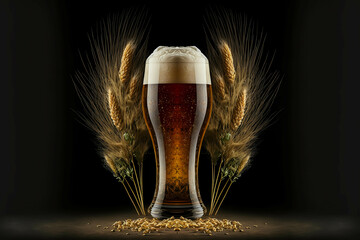 glass of beer with sprigs of malt on the side, generative AI, beer, drink, bar, pub, alcohol