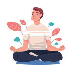 Fototapeta na wymiar Young Man with Closed Eyes Doing Meditation Sitting in Lotus Pose on Yoga Mat Practicing Mindfulness Vector Illustration