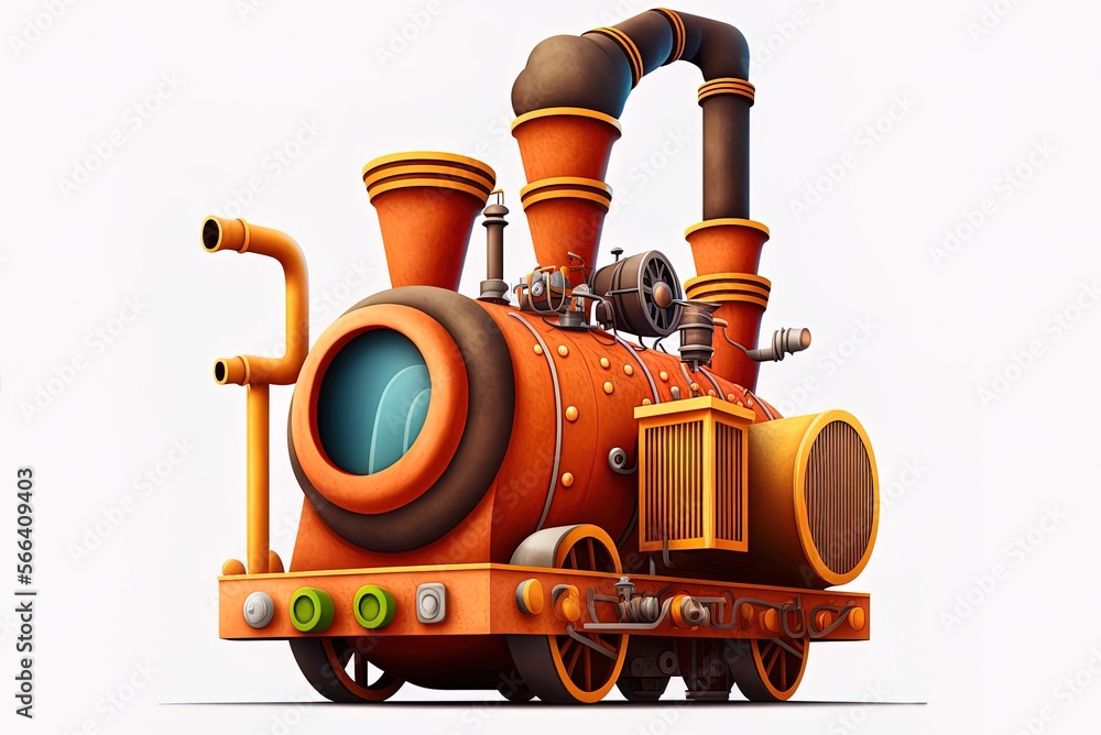 Poster a cartoonishly basic steam engine, complete with pipes. illustration. separate entity generative ai