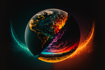 Earth planet divided  in parts surrounded with fire and glowing atmosphere - generative AI
