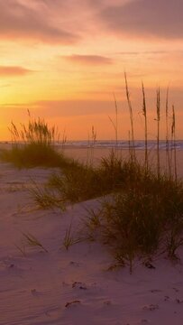 Vertical video of sunset on the beach with colorful romanic sky