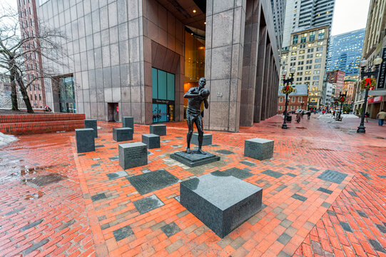 Boston City Hall and Monument for Basketball Player legend of Celtic great Bill Russell. Massachusetts, USA