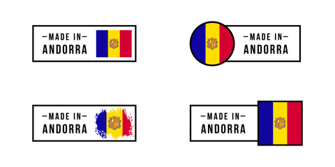 Set of sticker Made in Andorra. Design labels with Andorra flag for packaging, Factory, manufacturing and production country. Vector
