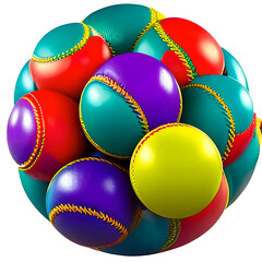 Baseballs in multiple bright colors in a circle shape, object, 