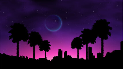 Fototapeta premium Waporwave retro sunset with palms on the beach. Neon landscape futuristic galaxy background.