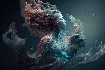 Graphic illustration of a lady dissolving into ocean, generative AI Art, generative AI Art 