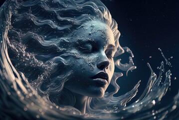 Graphic illustration of a lady dissolving into ocean, generative AI Art 