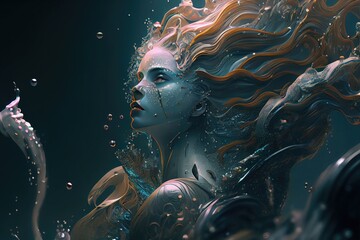 Graphic illustration of woman dissolving into ocean, generative AI Art 