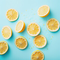 Fototapeta na wymiar pattern of slices of cut ripe lemons on pastel blue color background