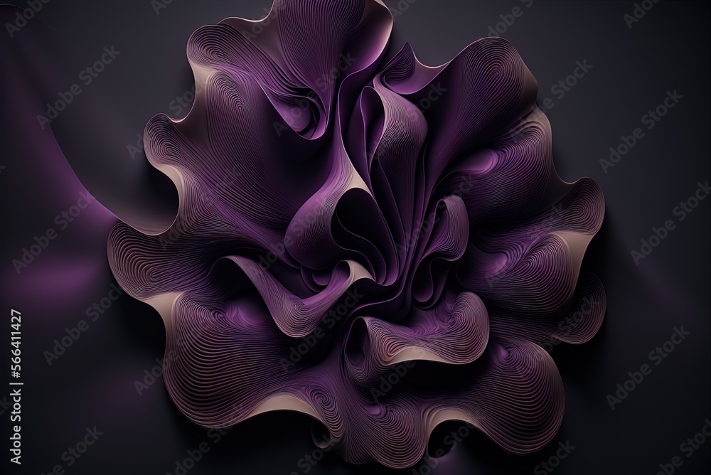 Poster purple abstract background with layered ruffles in the form of a flower; wavy, layered, folded wallp