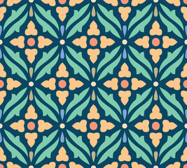 Arabic arabesque design greeting card. Islamic ornamental colorful detail of mosaic.Vector illustration.	