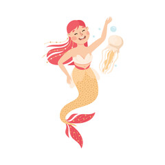 Mermaid with Wavy Red Hair Floating Underwater with Jellyfish Vector Illustration