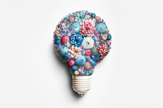 Ecology lightbulb symbol made from pink and blue flowers, eco concept illustration on white background, generative, ai