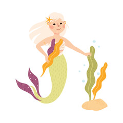 Mermaid with Wavy Hair Floating Underwater with Algae Vector Illustration