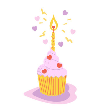 Cute birthday cupcake with flaming candle. Valentine day gift. Fairy cake. Greeting card sketch vector illustration