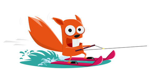 funny illustration of a water-skiing cartoon squirrel