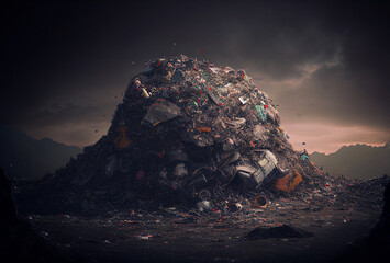Landfill with solid household waste, AI Generative Illustration. Garbage dump with waste plastic and polyethylene. Ecology, Environmental pollution. Pile of garbage on the planet mars. Garbage Heap. - obrazy, fototapety, plakaty