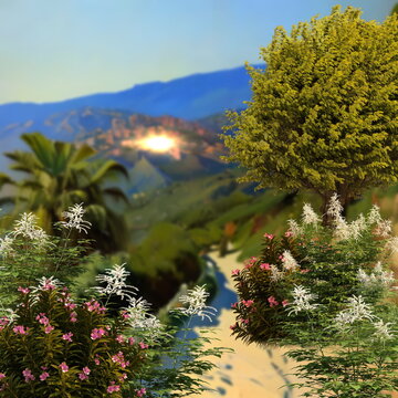  italy landscape old house and flowers in garden at sunset on horizon mountains generated ai