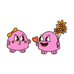 Funny characters for valentines day in groovy style. Vector illustration.