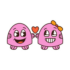 Funny characters for valentines day in groovy style. Vector illustration.