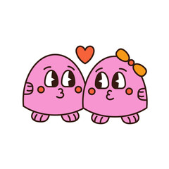 Funny characters for valentines day in groovy style. Vector illustration.