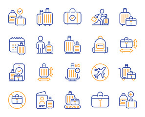 Baggage line icons. Travel bag size, Check weight and Backpack set. Airport luggage belt, handbag dimensions and baggage claim line icons. Check bag size, allowed luggage and briefcase. Vector