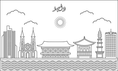 Obraz premium Daegu skyline with line art style vector illustration. Modern city design vector. Arabic translate : Daegu