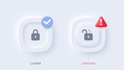 Lock and unlock buttons set. User web interface elements in Neumorphic design. Open padlock button, closed lock. Approved lock, Unlock warning alert. Private password protection. Vector illustration