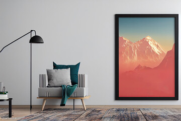 mock up poster frame in modern interior background, living room, Scandinavian style, Generative AI illustration.