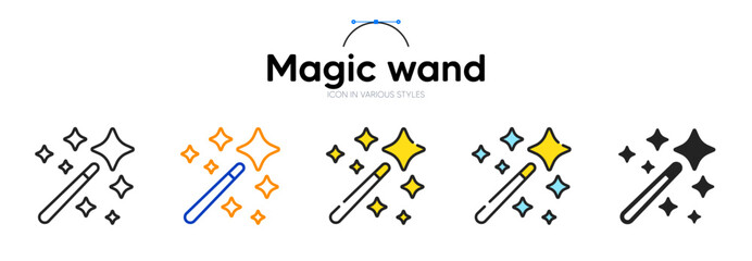 Magic wand line icon in different styles. Bicolor outline stroke style. Magician stick symbol for web ui, mobile application. Wizard tool with star. Magic stick wand. Vector