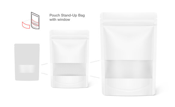 Pouch bags with transparent window mockups on white background. With the transparent window and screen mode overlay, it's easy to make a realistic mockup of your product. Vector illustration. EPS10.