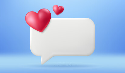 Empty reminder chat bubble. Push notice alert with heart icon. Phone 3d message template. Speech bubble with love hearts. Dating chat box banner. Vector illustration background