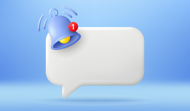 3d empty reminder popup notice. Push notification with bell icon. Phone alert message template. Speech bubble with 3d alert bell. Empty chat message reminder. Vector illustration