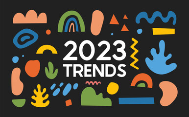 Abstract trendy shapes set with word 2023 trends in banner on black background.