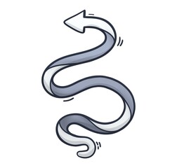 Arrow wriggling like snake. Cartoon style. Stylised symbol of direction. Poiting to the left and moving. Hand drawn. 