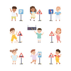 Cute Children Learning Rules of Road Engaged in Traffic Education Vector Set
