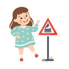 Cute Girl Standing Near Train or Railroad Traffic Sign on Pole Learning Rules of Road Vector Illustration