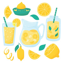 Cartoon lemonade set. Lemonade in jar, mint cocktails, pitcher drinks with straw, lemon slice, juicer