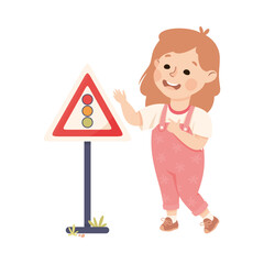 Cute Girl Standing Near Minimum Speed Traffic Sign on Pole Learning Rules of Road Vector Illustration