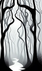 Generative Ai : Dark Lonely forest road illustration