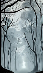 Generative Ai : Dark Lonely forest road illustration