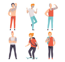 Tattooed or Inked Man in Standing Pose and on Skateboard Vector Set