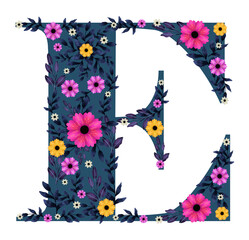Monograma E azul con flores. Letras Mayúscula Floral para Inicial, Invitaciones de Bodas, tarjetas de felicitación, posters, PNG fondo transparente